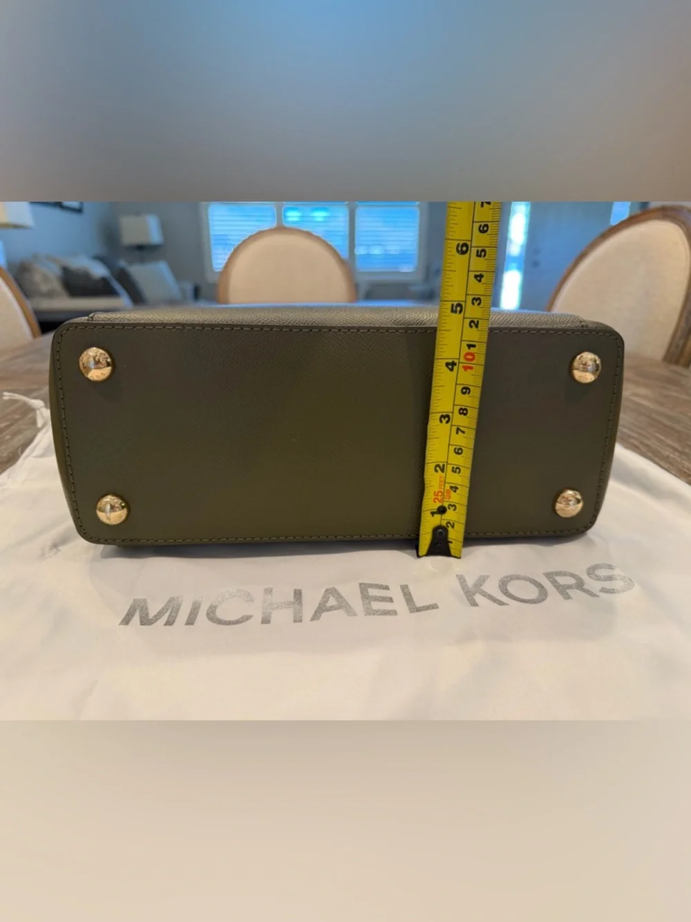 Michael Kors Dark Olive Saffiano Leather Tote with Gold Logo Charm - Picture 16 of 16